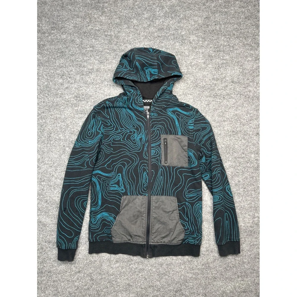 Mossimo Boys XL 16 Full Zip Hoodie Black Teal Topo Map Graphic Utility Pocket‎